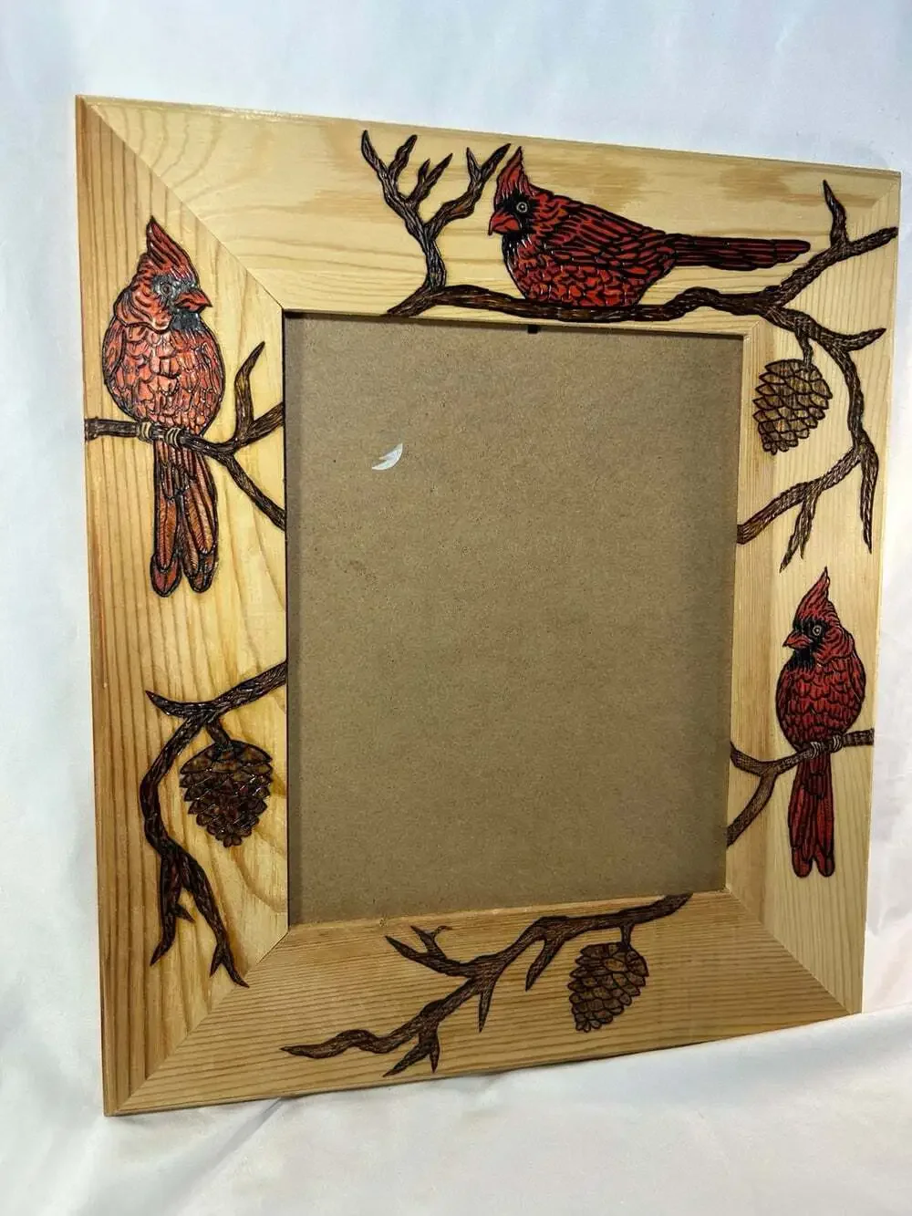 Red Cardinal pinewood rustic picture frame country core 8x10 burned art NO Glass